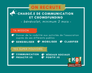on recrute un.e chargé.e de communication et crowdfunding en bénévolat, service civique, stage