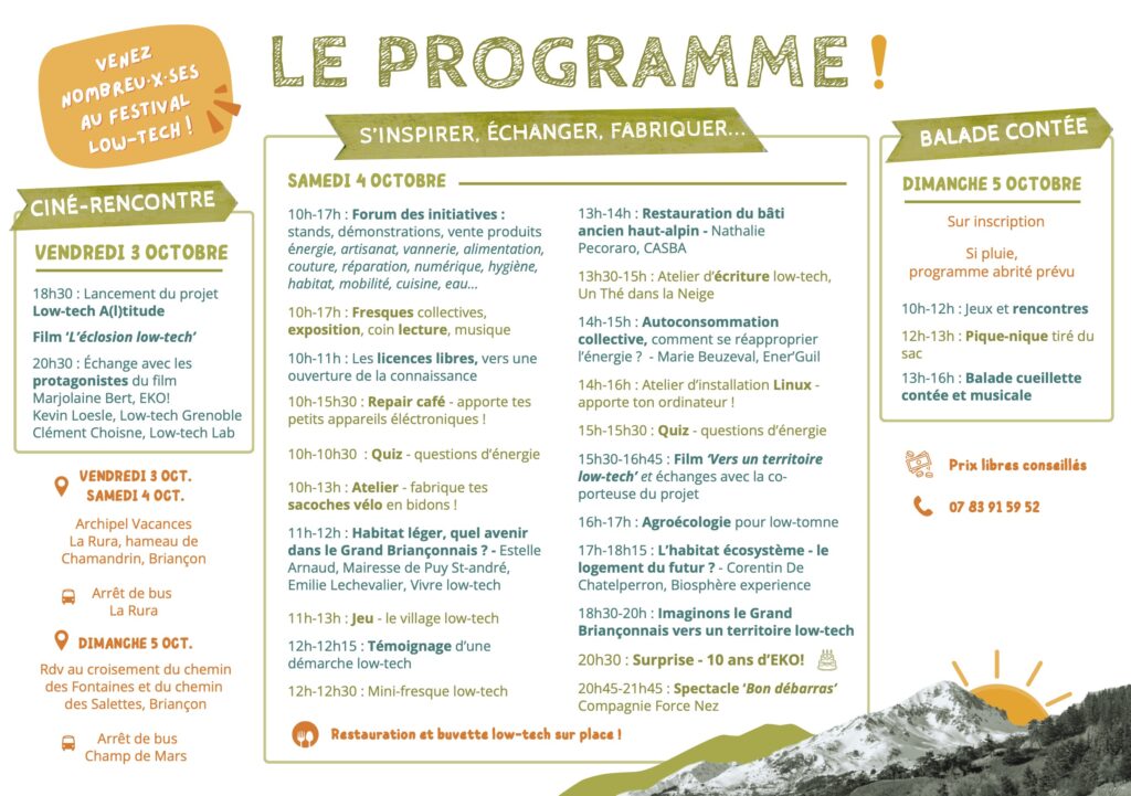 Programmation du Festival Low-tech à Briançon les 3, 4 et 5 octobre 2025, proposé dans le cadre du projet Low-tech Altitude, porté par les association EKO! et Environnement et Solidarité
