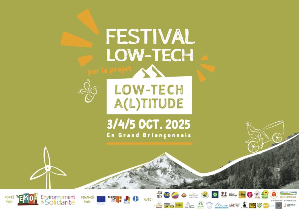 Affiche du Festival Low-tech à Briançon les 3, 4 et 5 octobre 2025, proposé dans le cadre du projet Low-tech Altitude, porté par les association EKO! et Environnement et Solidarité