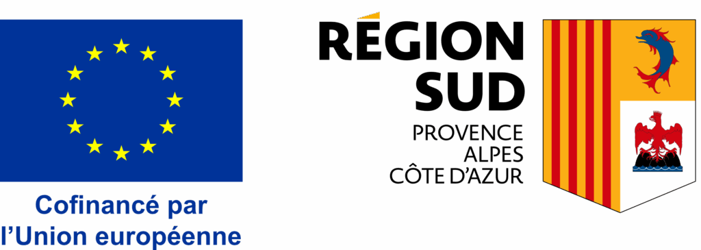 logos de l'UE et de la Région Sud, partenaires économiques du projet Low-tech Altitude à Briançon porté par les association EKO! et Environnement et Solidarité