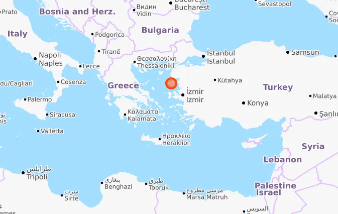 Lesbos, 3ème plus grande île grecque, à moins de 2h en bateau de la Turquie- Open Street Map